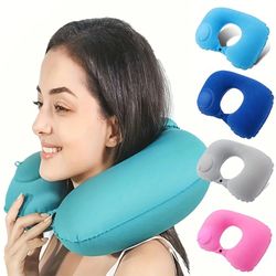 inflatable travel neck pillow with soft flocking fabric – portable u-shaped support cushion for airplane, camping, and b