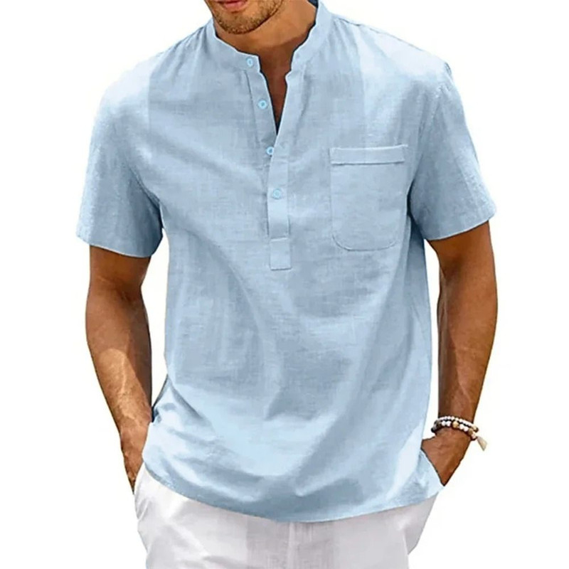 Mens Cotton Linen Short Sleeve Henley Shirt With Pocket 9