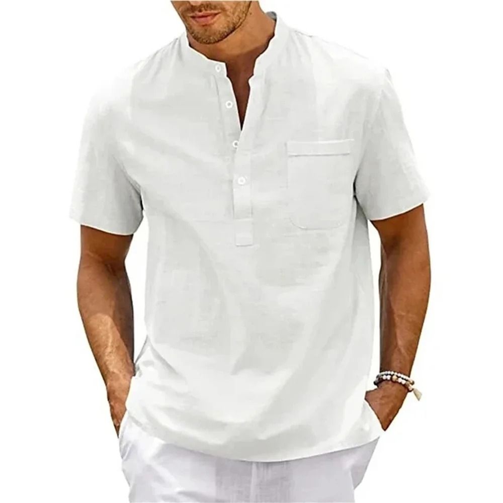 Mens Cotton Linen Short Sleeve Henley Shirt With Pocket 12