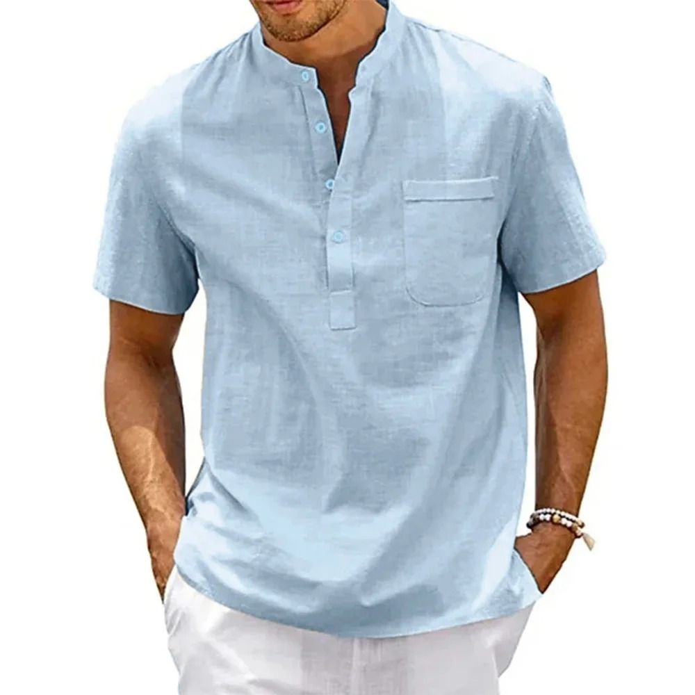 Mens Cotton Linen Short Sleeve Henley Shirt With Pocket 4