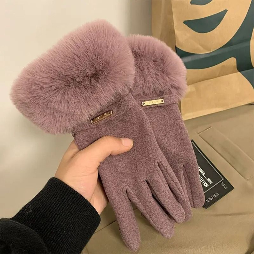 Women Winter Touchscreen Suede Gloves With Plush Cuff And Fleece Lining 6