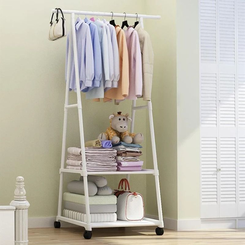 Simple Floor Mounted Clothes Hanger Rack With Shelves And Wheels 1