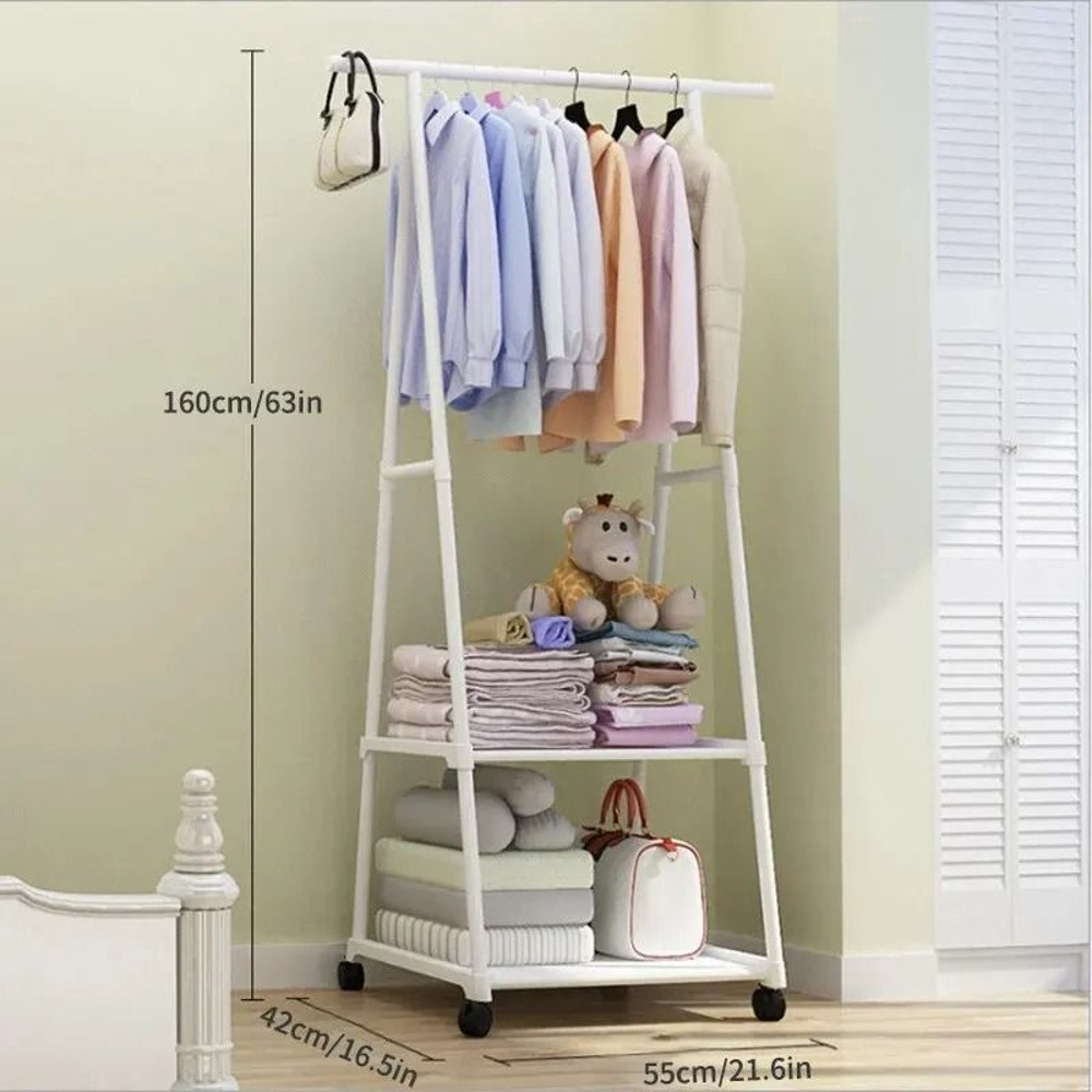 Simple Floor Mounted Clothes Hanger Rack With Shelves And Wheels 2