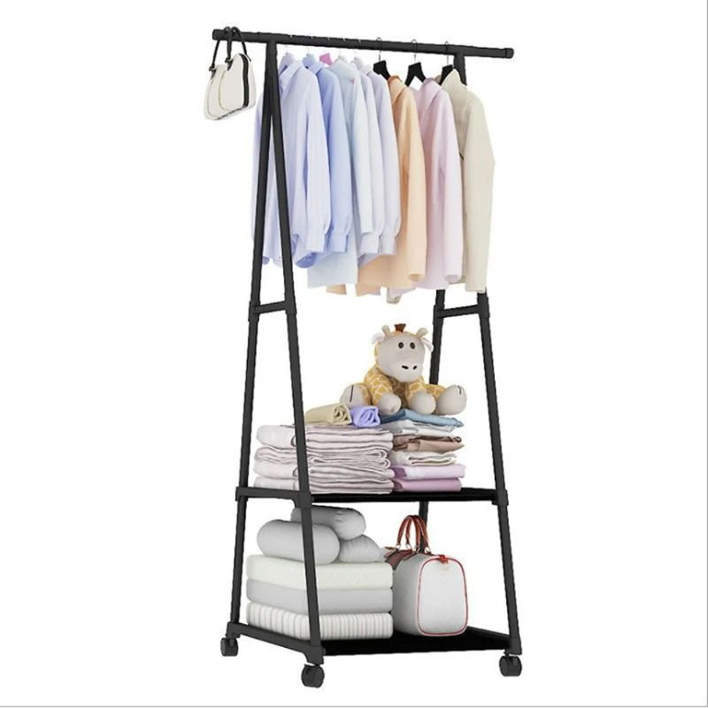 Simple Floor Mounted Clothes Hanger Rack With Shelves And Wheels 5