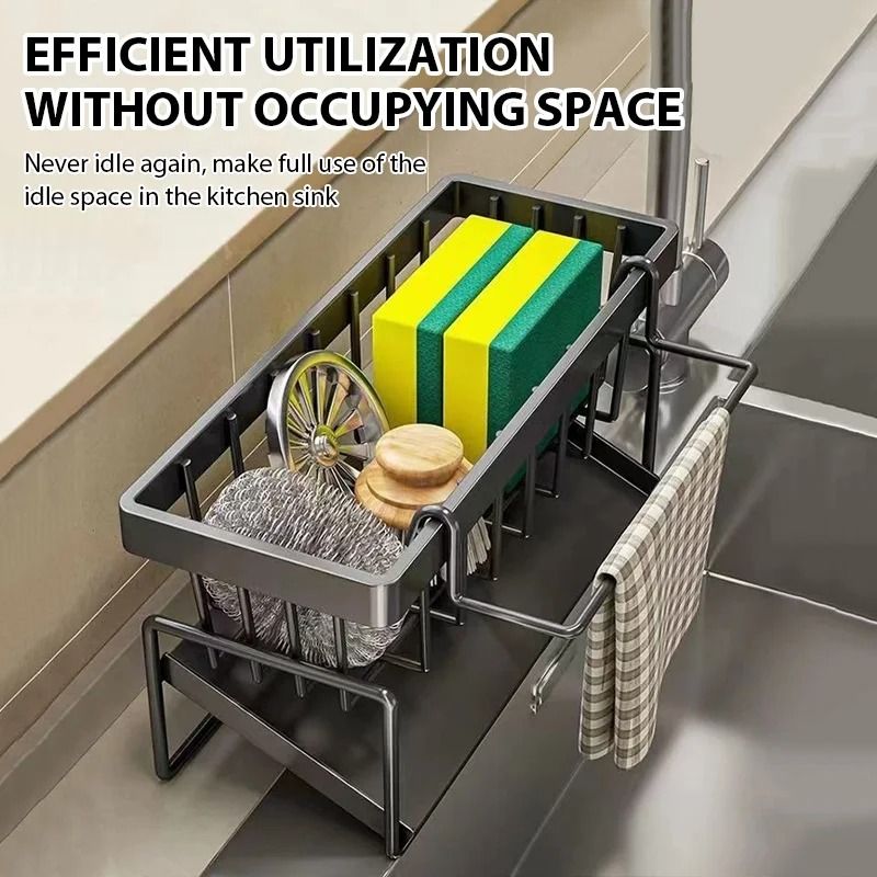 Kitchen Sink Drain Rack Organizer With Sponge Holder And Countertop Storage Basket 0