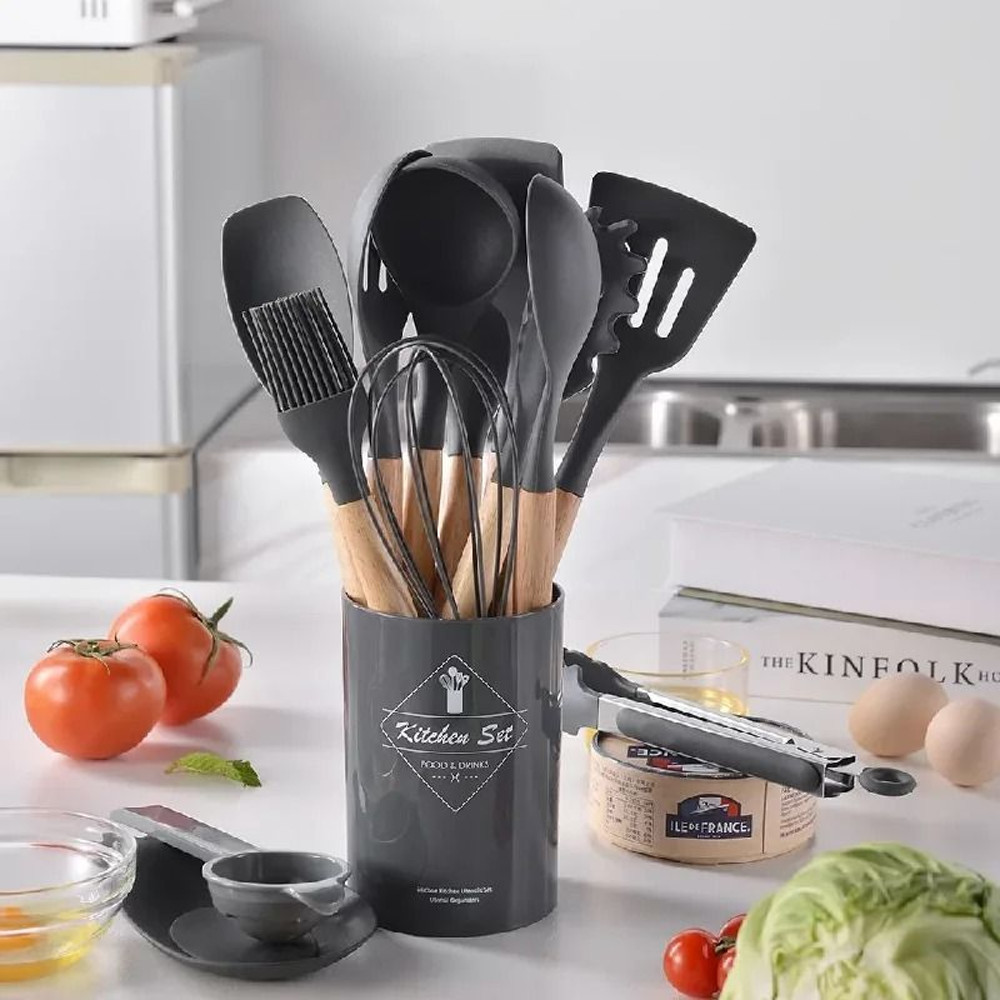12Pcs Silicone Utensils Set Non Stick Cookware Spatula Shovel Egg Beaters Wooden Handle Kitchenware