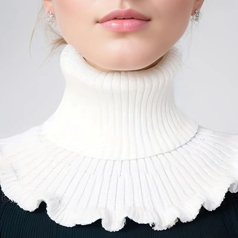 Fashionable Black And White Knitted False Neck Scarf With Elegant Ruffle Edge 3