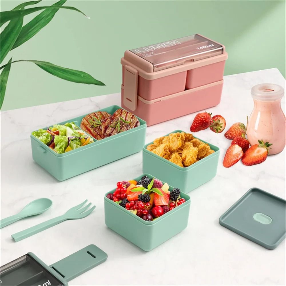 Double Layer Portable Lunch Box For Kids With Fork And Spoon Microwave Safe Bento Food Container 5