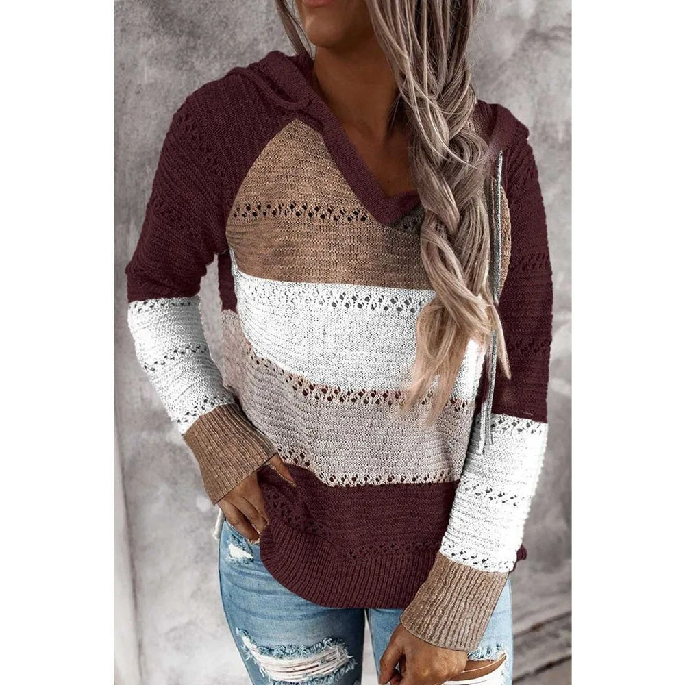 Women Patchwork Hooded Sweater Long Sleeve Knit Pullover 7
