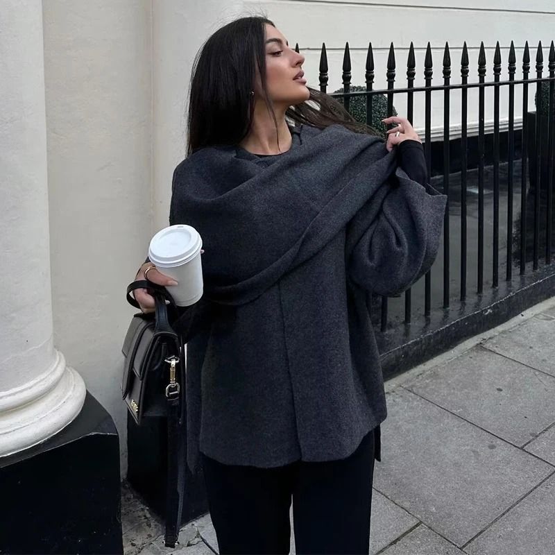 Women Plush Winter Coat With Asymmetric Scarf Collar 3