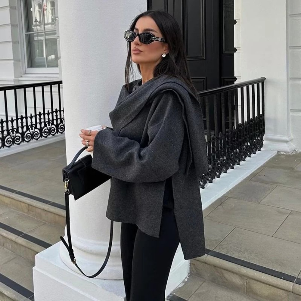 Women Plush Winter Coat With Asymmetric Scarf Collar 4