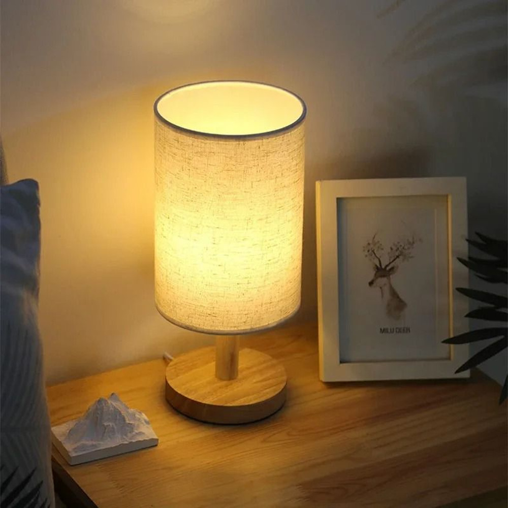 LED Bedside Table Lamp Modern Minimalist Fabric Shade With Wooden Base USB Powered Night Light 3
