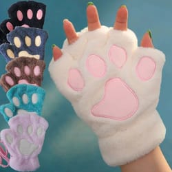 plush cat paw fingerless gloves