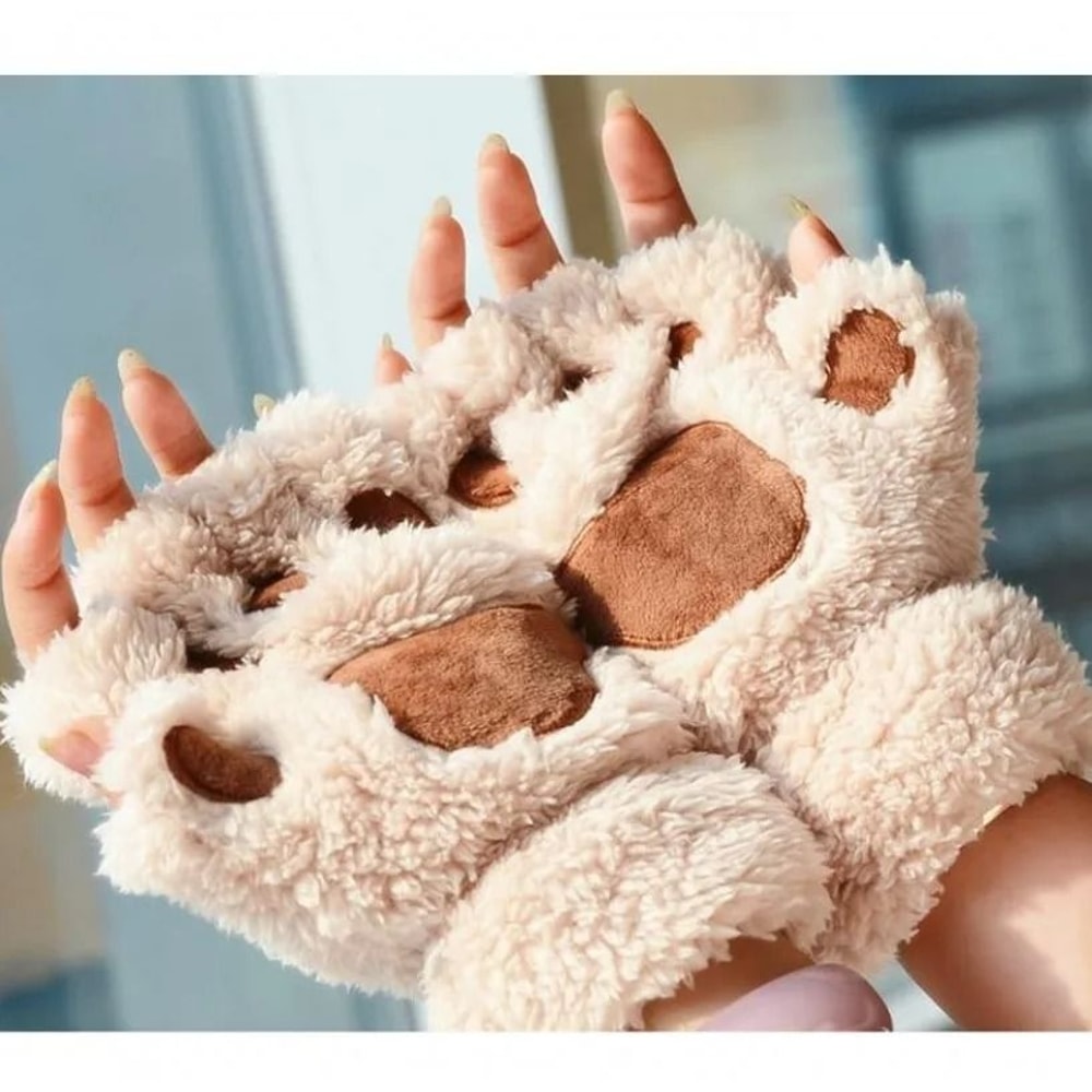 Plush Cat Paw Fingerless Gloves 3
