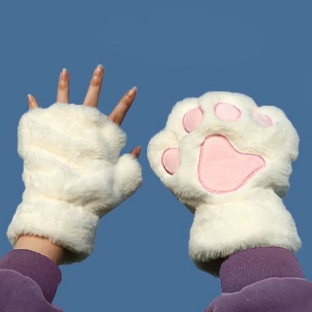 Plush Cat Paw Fingerless Gloves 4