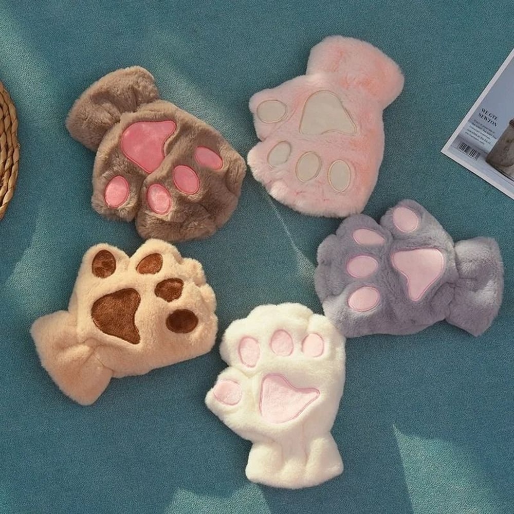 Plush Cat Paw Fingerless Gloves 5