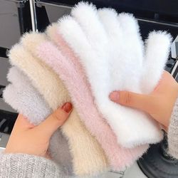 women mink velvet winter five finger gloves plush warm mittens