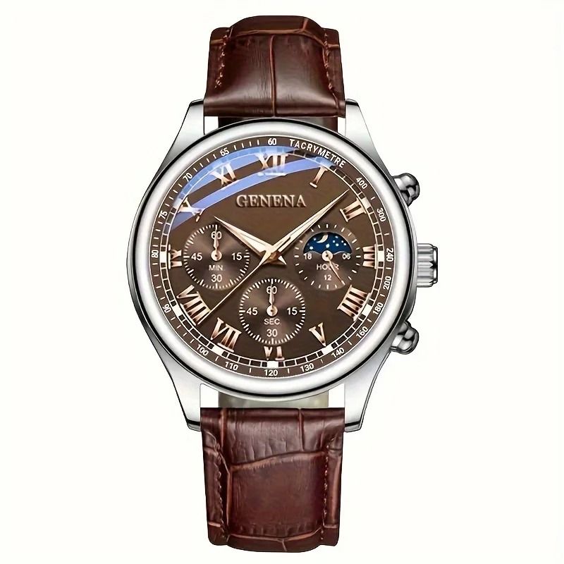 Men Luxury Leather Strap Quartz Watch Glow Dial 5