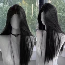 black synthetic long straight wig middle part natural full head cover