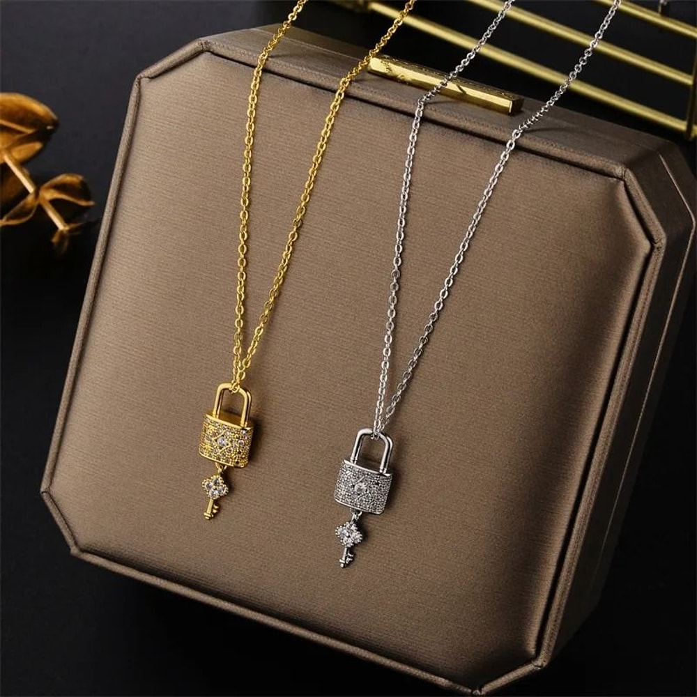 Zircon Crystal Lock And Key Pendant Necklace 2