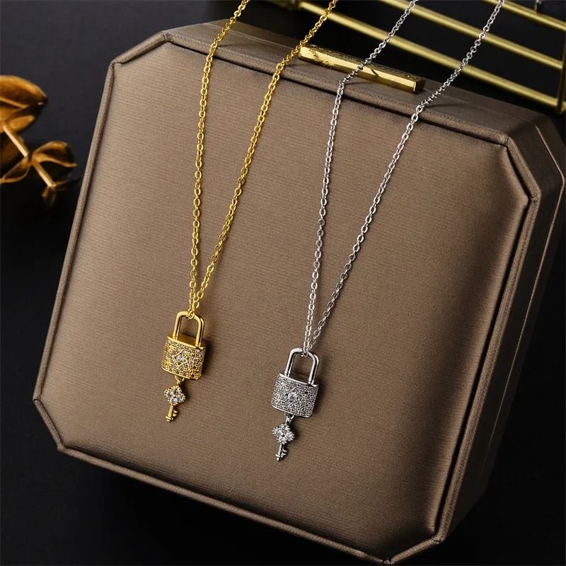 Zircon Crystal Lock And Key Pendant Necklace 2