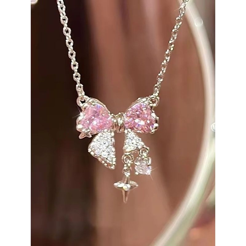 Sweet Pink Bow Pendant Necklace 6
