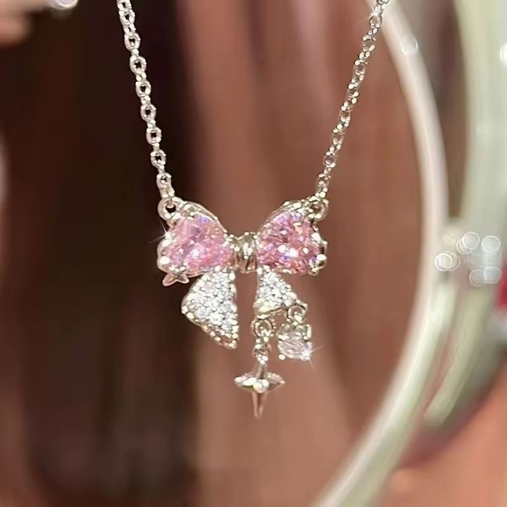 Sweet Pink Bow Pendant Necklace 0