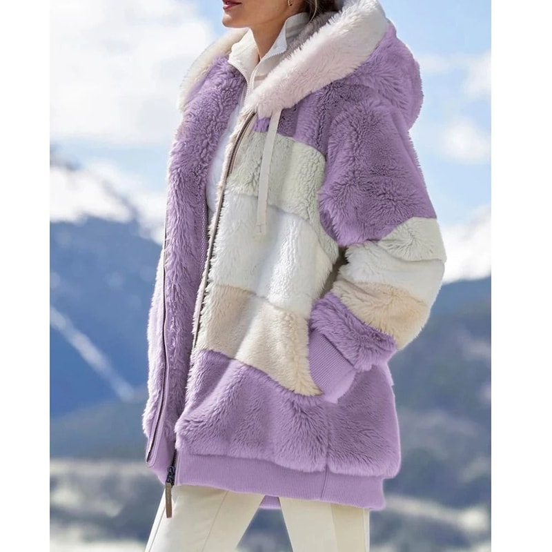 Oversized Plush Hooded Jacket For Women Warm Winter Cashmere Coat With Zipper And Pockets 12