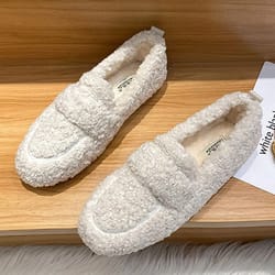 womens plush shearling winter flats warm lambswool slip on loafers cotton lined comfort shoes