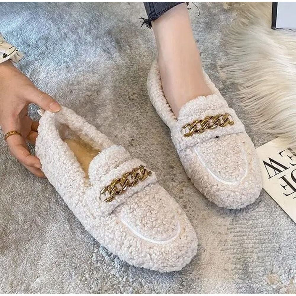 Womens Plush Shearling Winter Flats Warm Lambswool Slip On Loafers Cotton Lined Comfort Shoes 9