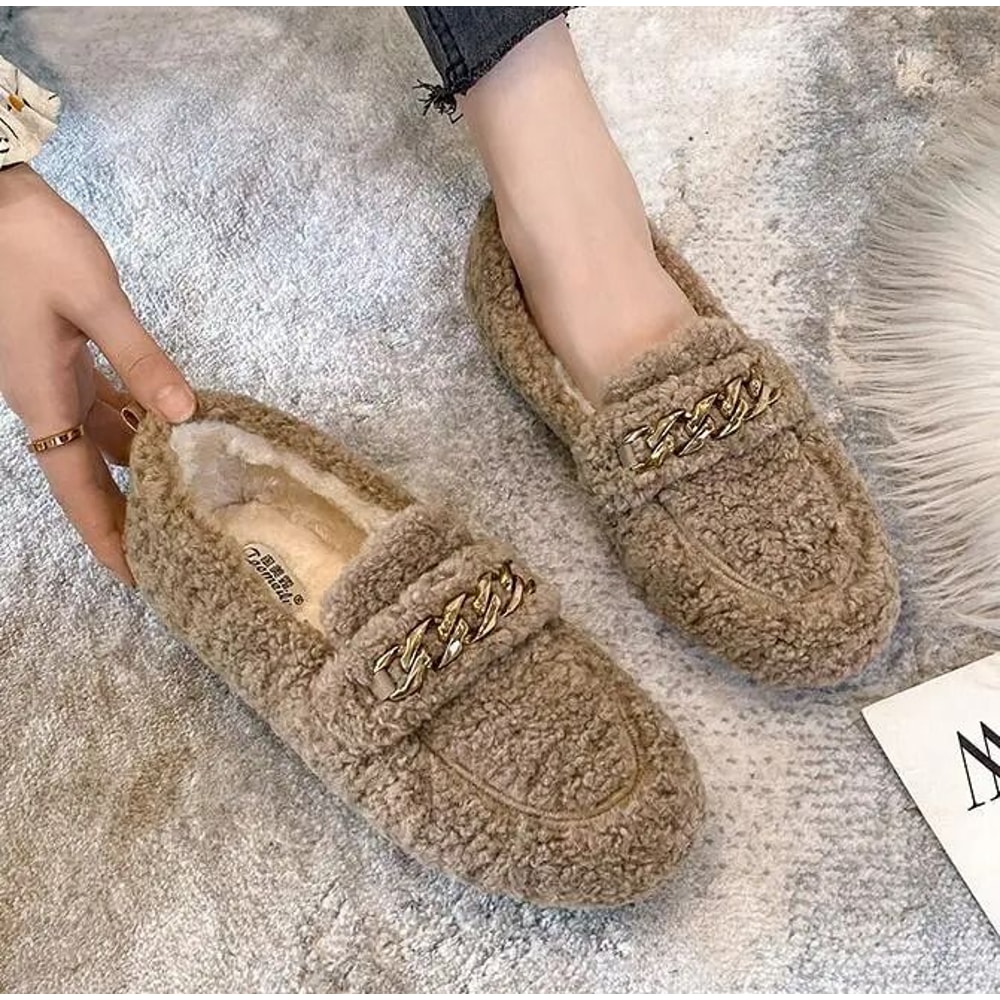 Womens Plush Shearling Winter Flats Warm Lambswool Slip On Loafers Cotton Lined Comfort Shoes 11
