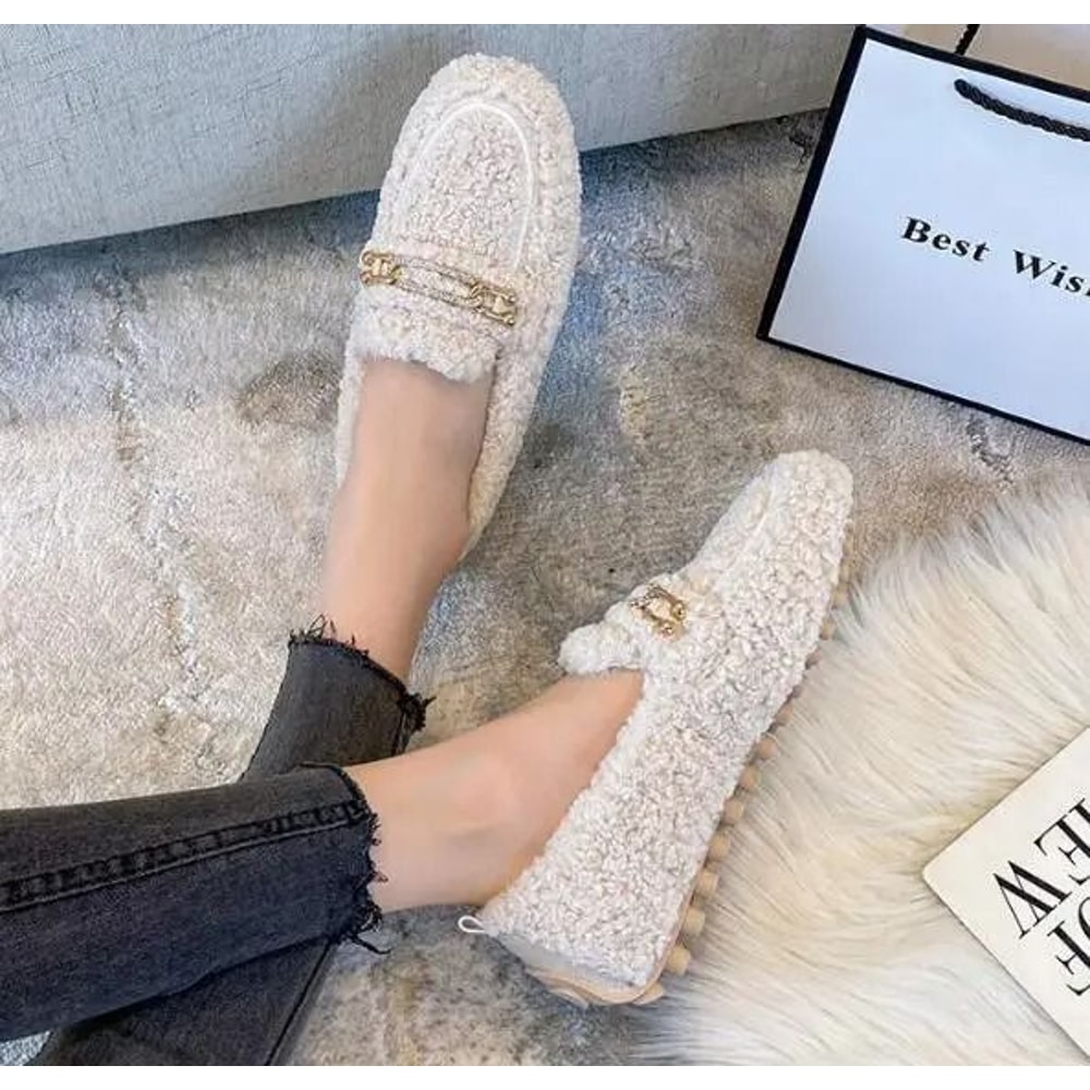 Womens Plush Shearling Winter Flats Warm Lambswool Slip On Loafers Cotton Lined Comfort Shoes 12