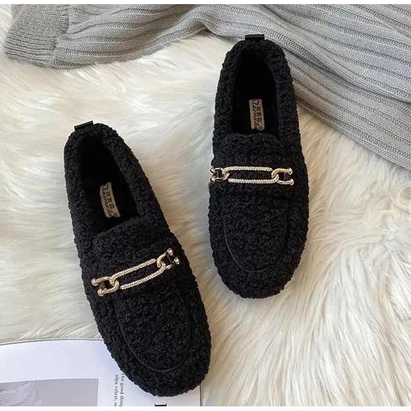 Womens Plush Shearling Winter Flats Warm Lambswool Slip On Loafers Cotton Lined Comfort Shoes 13