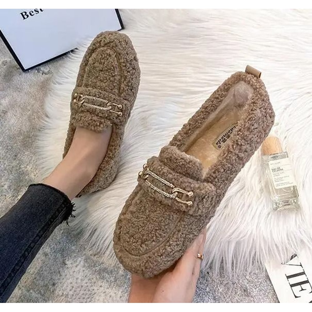 Womens Plush Shearling Winter Flats Warm Lambswool Slip On Loafers Cotton Lined Comfort Shoes 14