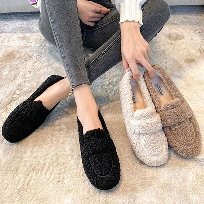 Womens Plush Shearling Winter Flats Warm Lambswool Slip On Loafers Cotton Lined Comfort Shoes 5