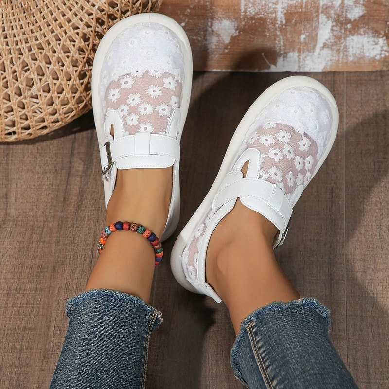 Womens Summer Mesh Sneakers Casual Breathable Flat Shoes With Buckle Latch Covered Toe Design 6