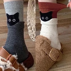 autumn winter peekaboo cat mid calf socks cute warm kawaii cartoon cotton sleep socks