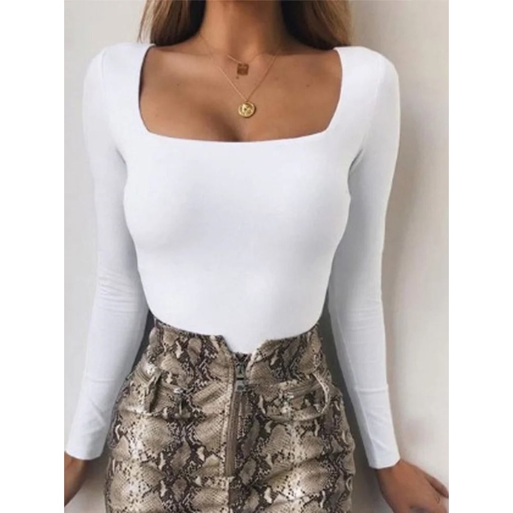 Women Long Sleeve Bodycon Square Neck Bodysuit 0