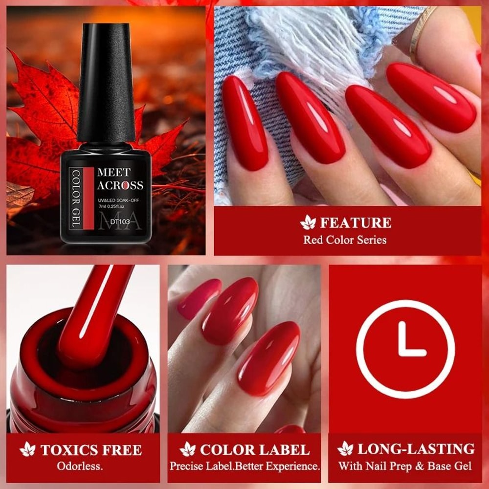 7ml Red Gel Nail Polish Crystal Shine SemiPermanent UVLED SoakOff 6
