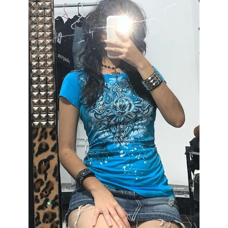 Women Y2k Grunge Rhinestone Heart Rose T Shirt 1