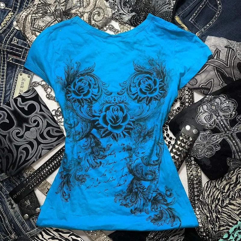 Women Y2k Grunge Rhinestone Heart Rose T Shirt 3
