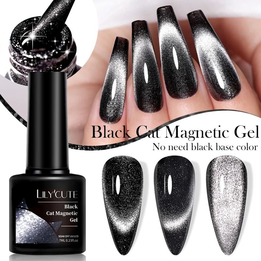 Black Crystal Cat Magnetic Gel Nail Polish Glitter UV Soak Off Gel 3