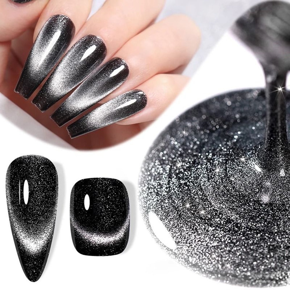 Black Crystal Cat Magnetic Gel Nail Polish Glitter UV Soak Off Gel 4