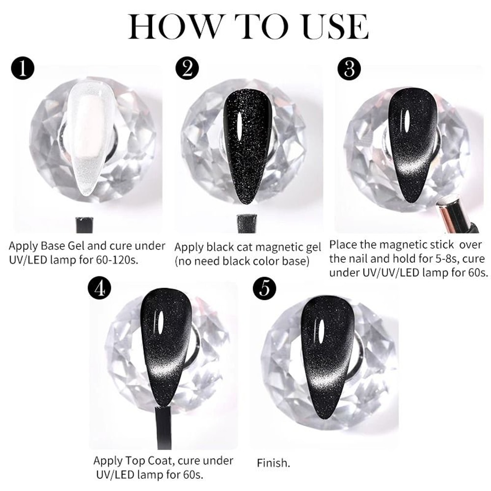 Black Crystal Cat Magnetic Gel Nail Polish Glitter UV Soak Off Gel 5