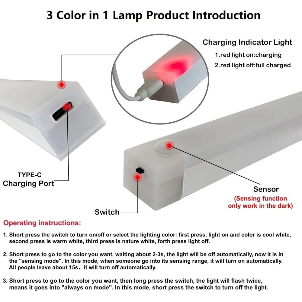 Motion Sensor Wireless LED Strip Light USB Rechargeable Bar Lamp 6