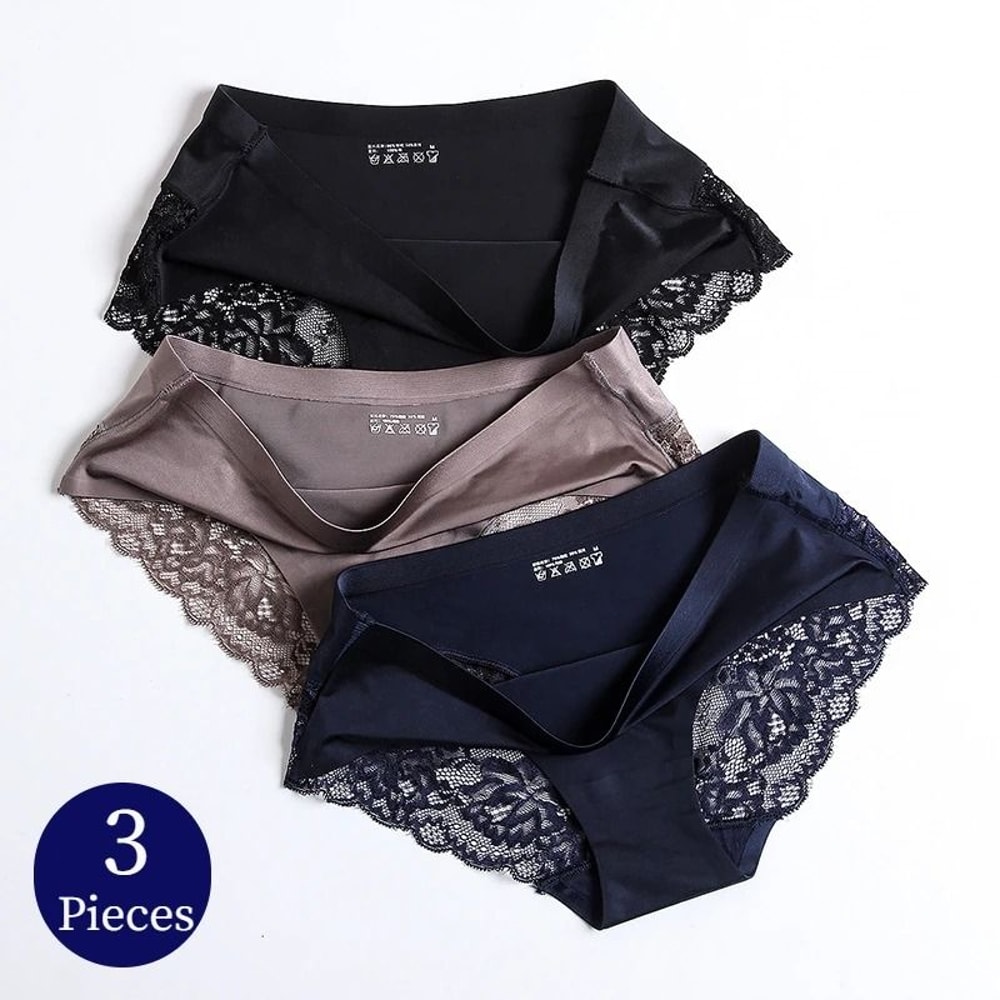 Womens Panties Lace Underwear Satin Briefs Three Piece Set Soft Cozy Underpants 0