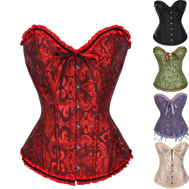 Womens Floral Lace Corset Satin Bustier Vintage Overbust Boned Top 0