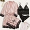 Womens Satin Sleepwear Four Piece Pajama Set With Robe Lace Nightwear 2