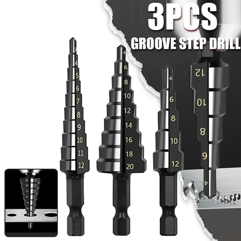 HSS Step Drill Bit Set Three Piece Straight Groove 3 To 20 Mm Black Nitride Hex Shank 0