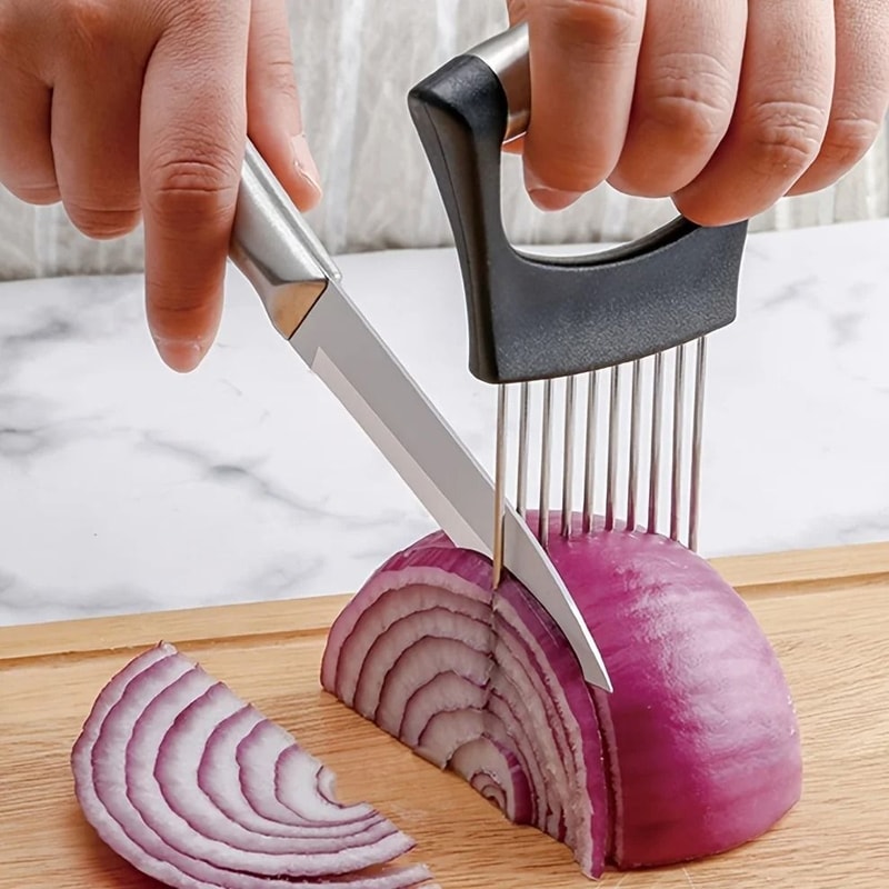Stainless Steel Onion Slicer Holder And Vegetable Cutting Guide 0